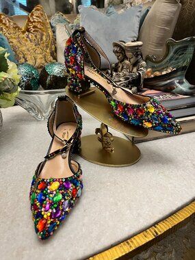 Bao yafang multicolor rhinestone ankle strap heels